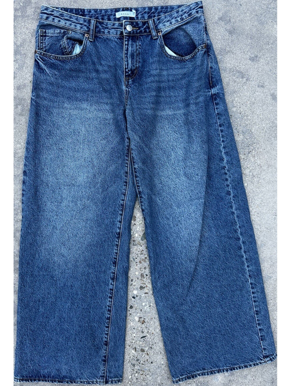 S.O.N.G. Blue Denim Jeans 100% Cotton Wide Leg 9/29 Zip Fly Faded Thigh
